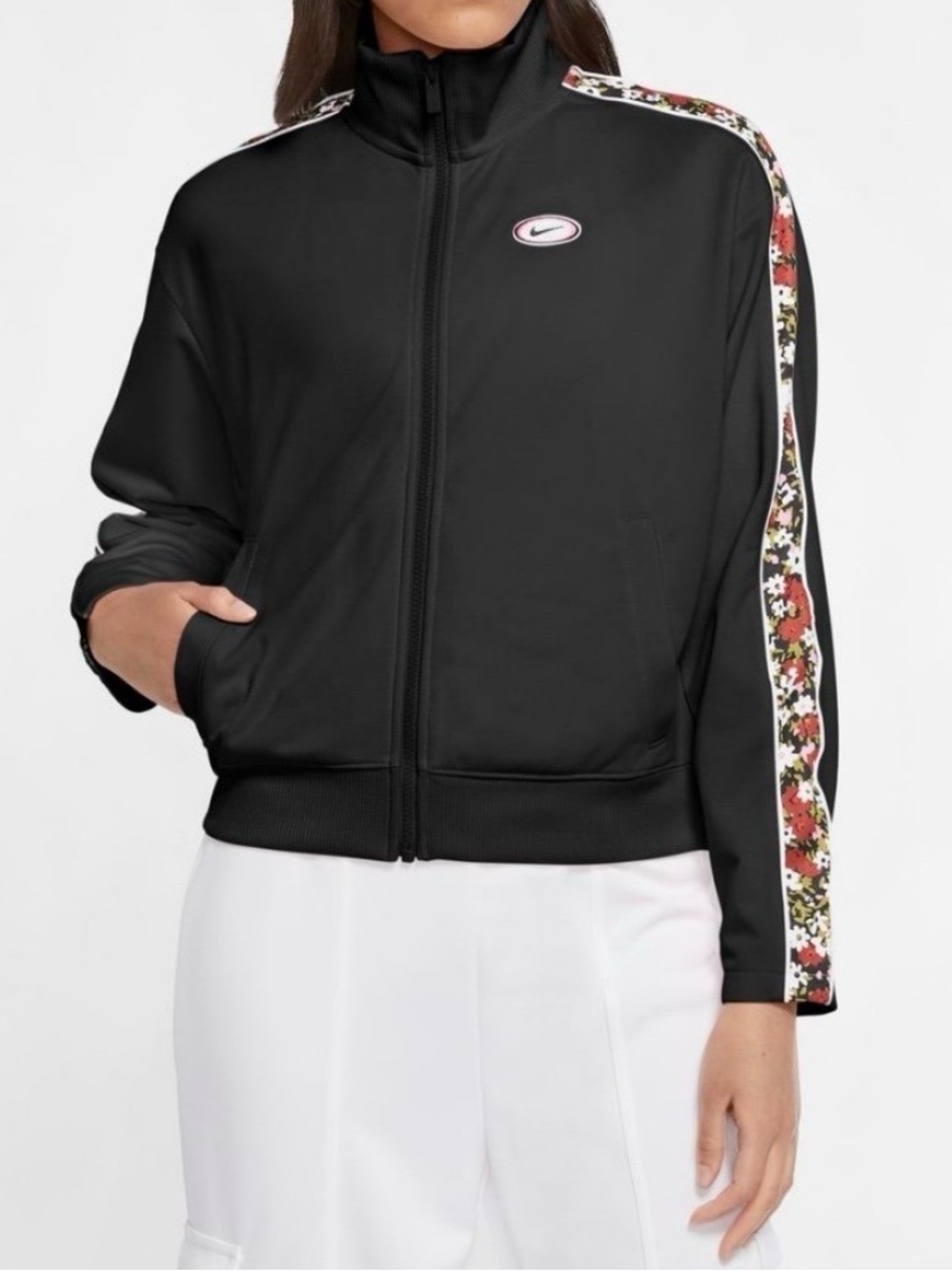 Nike track Black Bomber Jacket with Floral-Trim Stripes women’s size Small